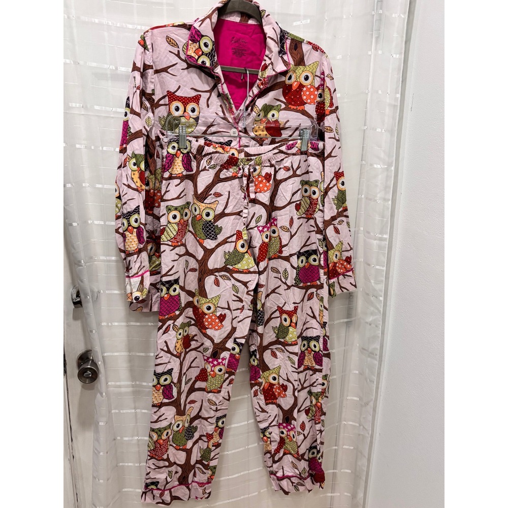 Nick & Nora Pink Owl Print Cotton Pajama Set Long Sleeve Button Down Small